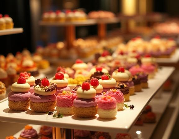 Un lussuoso buffet di dolci per un evento aziendale di gala, con una selezione finissima di dessert individuali e piccole torte.