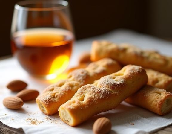 Cantucci tradizionali toscani, biscotti alle mandorle, immersi in un calice di Vin Santo dorato, un classico abbinamento per il fine pasto in Italia.