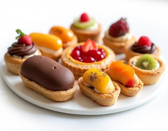 Un elegante vassoio di pasticceria mignon assortita: bignè al cioccolato, cannoli siciliani e crostatine alla frutta fresca, perfetti per ogni banchetto.