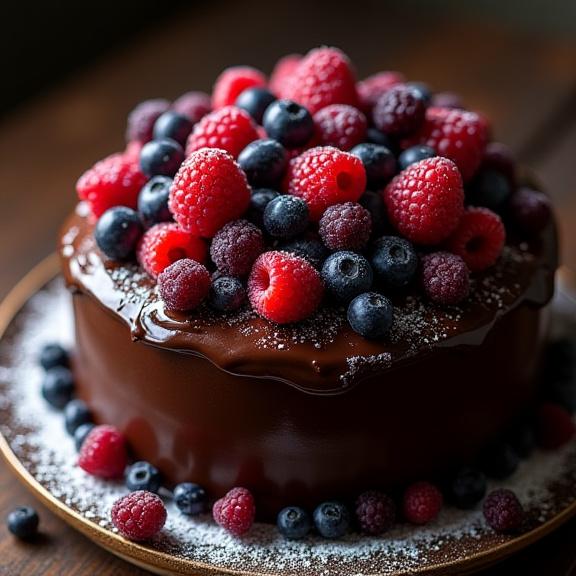 Una ricca torta di compleanno al cioccolato fondente, guarnita con un'abbondanza di frutti di bosco freschi e una spolverata di zucchero a velo.