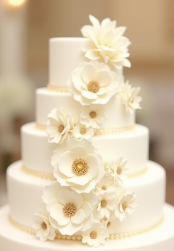 Elegante torta nuziale bianca a più piani con una cascata di fiori di zucchero bianchi e oro, simbolo di purezza e lusso.