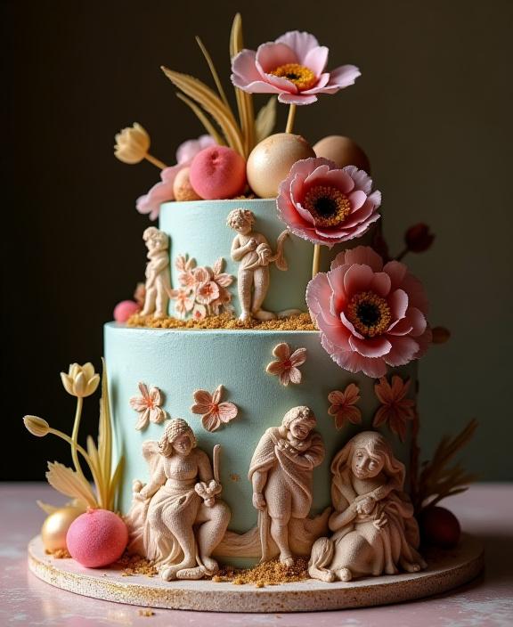 Una torta personalizzata a tema artistico, dettagliata con elementi ispirati a un dipinto rinascimentale, un vero capolavoro di pasticceria raffinata.