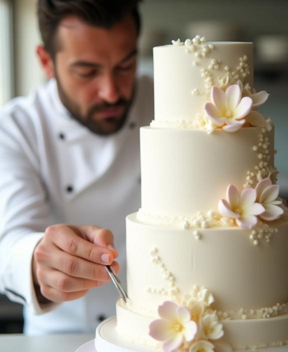 Un maestro pasticcere di Tramontana Torte che decora finemente una torta nuziale con dettagli floreali.